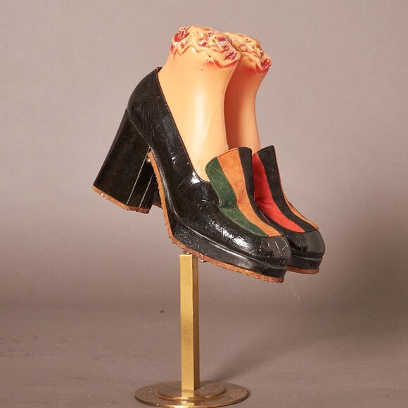 1970s Chunks Platform Suede Strip Loafer Heels - Picture 1 of 14